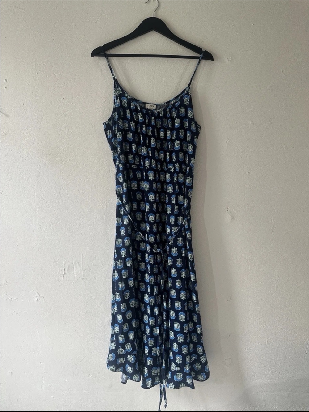 J.Crew Dress Women’s 12 Blue Leaf Print Sleeveless Tie Waist Midi Viscose